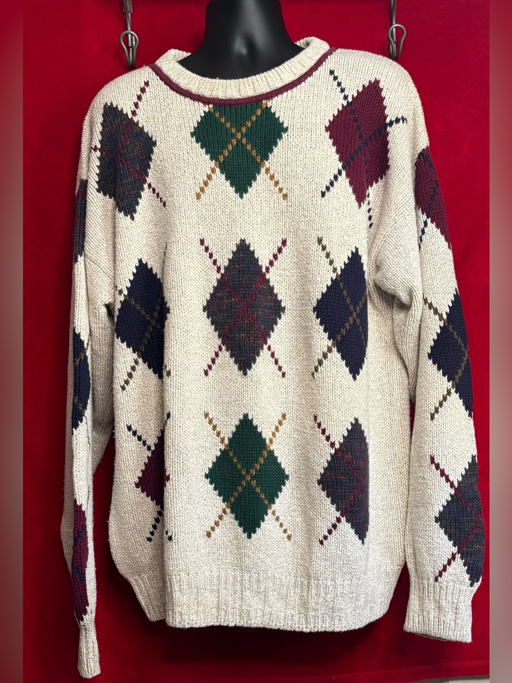 Vintage 90s Salty Dog Hand Intarsia Argyle Knit Sweater Cream 2XT